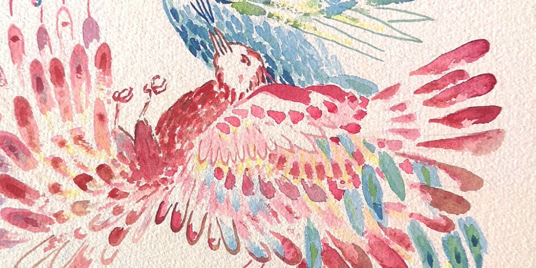'Tai-Ji', 2025. Watercolor on paper. 36x48cm. A blue and a red bird interwoven. Are they fighting, kissing, nourishing each other?