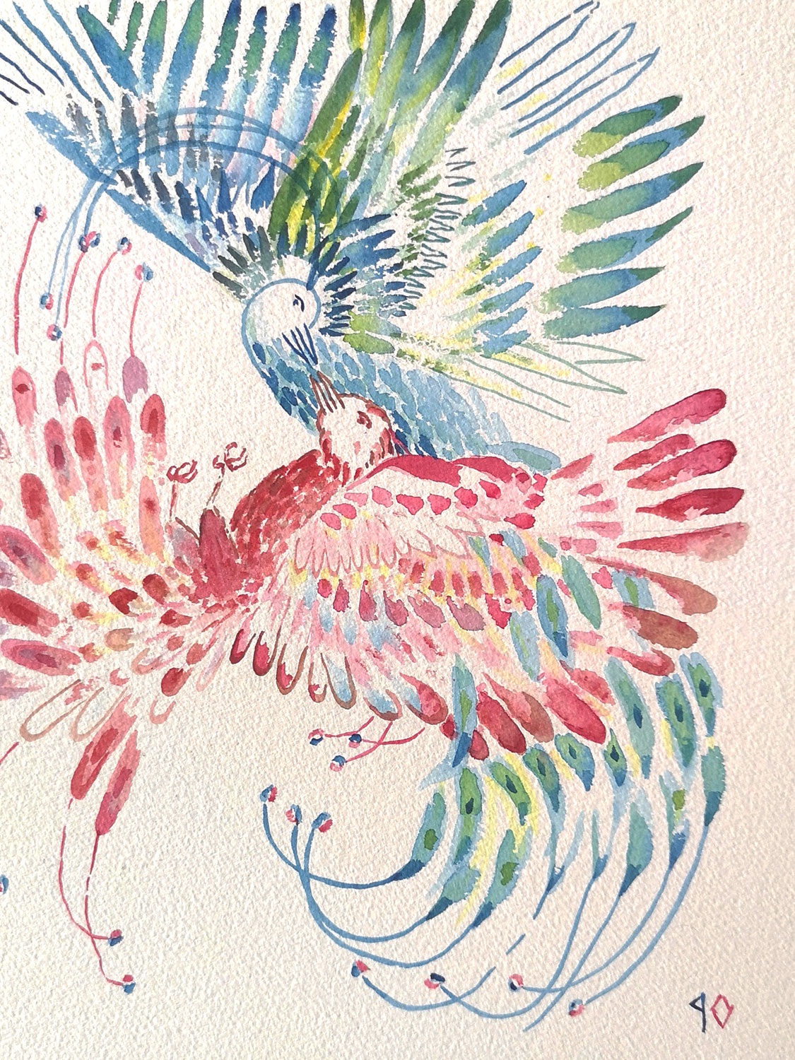 'Tai-Ji', 2025. Watercolor on paper. 36x48cm. A blue and a red bird interwoven. Are they fighting, kissing, nourishing each other?